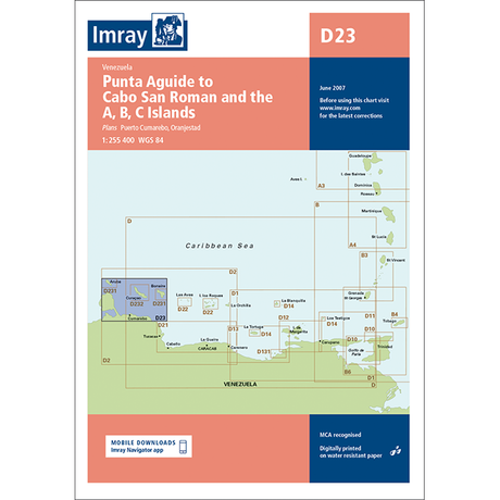 Imray Chart D23: Punta Aguide to Cabo San Roman and the A, B, C Islands by Imray features detailed, GPS-compatible marine chart coverage of the southern Caribbean Sea near Venezuela.