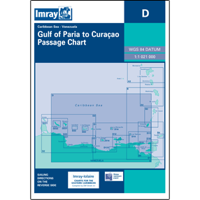 A navigational resource labeled "Imray Chart D | Venezuela," scale 1:1,021,000, featuring parts of the Caribbean Sea and Venezuela. A box on the left shows "Caribbean Sea – Venezuela" with sailing directions on the reverse side. Includes the "Imray" logo at the top.