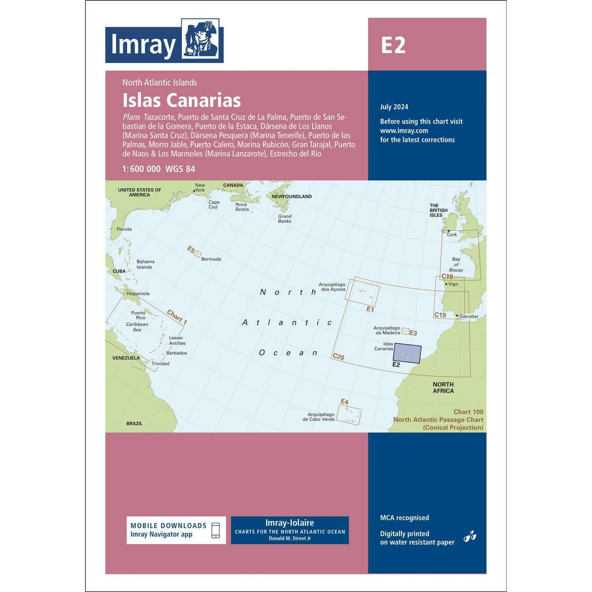 The Imray Chart E2: Islas Canarias by Imray features a North Atlantic area map of the Canary Islands, chart numbers, legend, publication details, and the Imray logo in a dark blue and magenta Atlantic charts design.