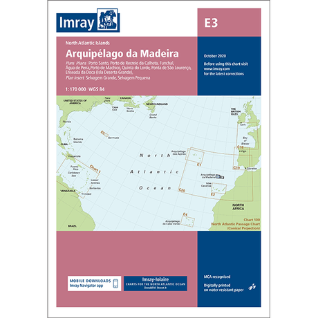 The Imray Chart E3 | Arquipélago da Madeira by Imray showcases the North Atlantic Islands, featuring Madeira and adjacent regions. This chart, catering to cruising sailors, includes detailed navigational information and an inset map of Porto Santo. It also displays the illustrator's logo and scale data.