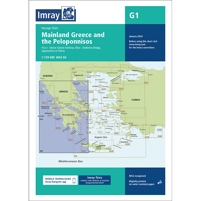 Imray Chart G1: Mainland Greece and the Peloponnisos by Imray features detailed Greek and Turkish waters, blue-green maritime zones, national boundaries, logos, text, and up-to-date bathymetric survey data.