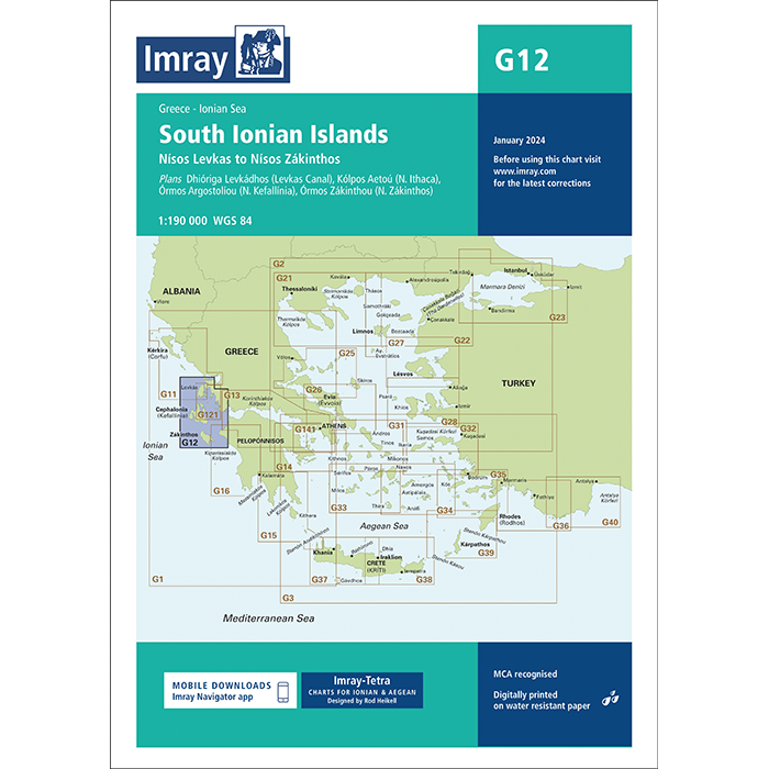 The Imray Chart G12, titled "South Ionian Islands," is an ideal resource for cruising sailors. This nautical chart, produced by Imray, spans regions from Nisos Levkas to Nisos Zakinthos and highlights parts of Greece, Albania, and the Mediterranean Sea. It also includes detailed insets of specific areas.