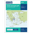 The Imray Chart G14, titled "Saronic and Argolic Gulfs" by Imray, is printed on water-resistant Pretex paper. This chart includes detailed locations such as Marina Alimos, Limín Póros, and Nísidhes Tselevínia. It is scheduled for publication in January 2024 and has a scale of 1:190,000.