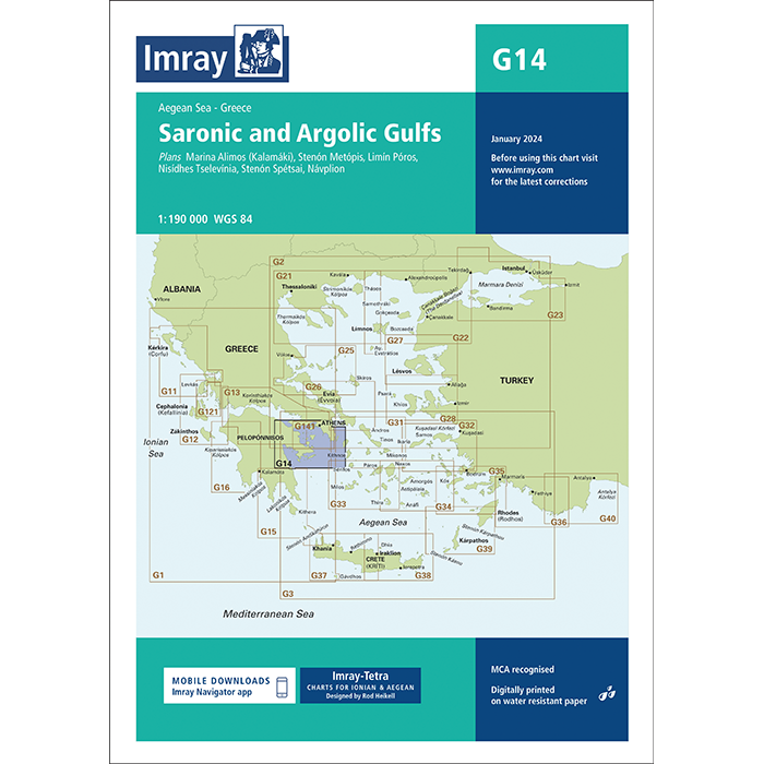 The Imray Chart G14, titled "Saronic and Argolic Gulfs" by Imray, is printed on water-resistant Pretex paper. This chart includes detailed locations such as Marina Alimos, Limín Póros, and Nísidhes Tselevínia. It is scheduled for publication in January 2024 and has a scale of 1:190,000.