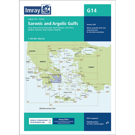 The Imray Chart G14, titled "Saronic and Argolic Gulfs" by Imray, is printed on water-resistant Pretex paper. This chart includes detailed locations such as Marina Alimos, Limín Póros, and Nísidhes Tselevínia. It is scheduled for publication in January 2024 and has a scale of 1:190,000.