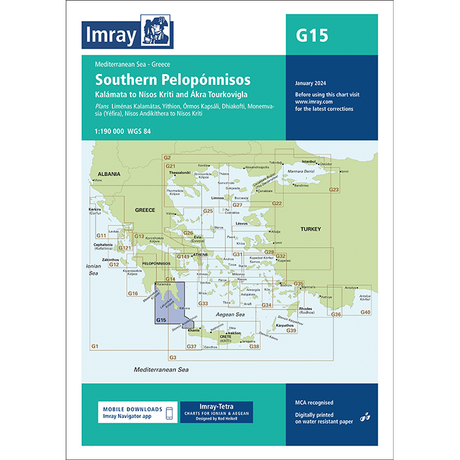 The Imray Chart G15 | Southern Pelopónnisos, updated for January 2024, covers the area from Kalamáta to Ákra Tainaro. Designed for cruising sailors, it includes detailed plans of ports and coastal areas, mobile downloads, MCA recognition, and insights into both the Ionian and Aegean regions.