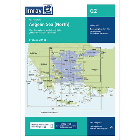Imray Chart G2: Aegean Sea (North) by Imray covers Greek and Turkish waters, with blue-shaded sections, routes, publication details, and digital options featured on this nautical chart.