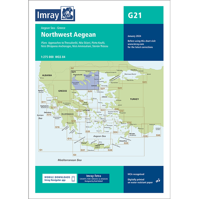 Imray's Chart G21, titled "Northwest Aegean Sea," covers regions of Greece, Turkey, and Albania and is perfect for cruising sailors navigating these waters. It features plans of Thessaloníki, Nísos Skiáthi, Pórto Koufó, among others. The chart is scaled at 1:275,000 and uses the WGS 84 datum.