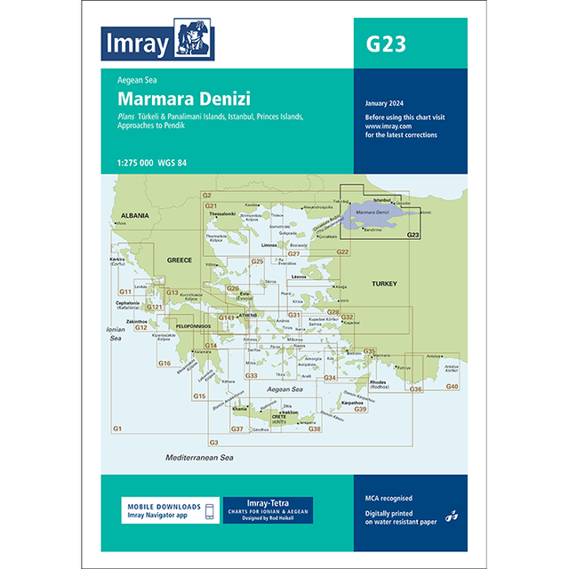 The Imray Chart G23 | Marmara Denizi, by Imray, is specially crafted for the cruising sailor. This Imray-Tetra chart details regions around the Marmara Sea, including parts of Greece and Turkey. Printed on water-resistant Pretex paper, it features a 1:275,000 scale and a release note for January 2024.