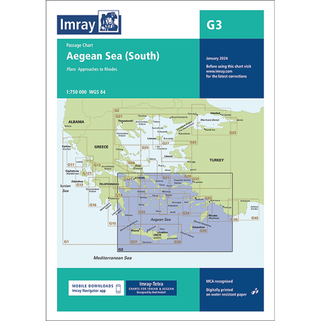 A comprehensive nautical chart titled "Imray Chart G3 | Aegean Sea (South)" by Imray, perfect for the cruising sailor. This detailed map shows maritime routes and includes approach plans to Rhodes with a 1:750,000 scale. Printed on durable water-resistant Pretex paper, it covers parts of Greece, Turkey, and the southern Aegean Sea.