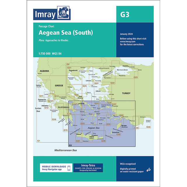 Imray Chart G3: Aegean Sea (South) shows Greek and Turkish waters, including Rhodes, with title, scale, chart info, and Imray branding on the cover.
