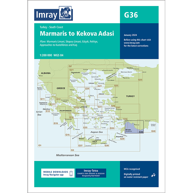 The Imray Chart G36, titled "Turkey - South Coast," presents detailed nautical information from Marmaris to Kekova Adasi. It covers the southwest coast of Turkey, the Dodecanese Islands, and parts of Greece. Ideal for cruising sailors, this chart includes ports, navigational routes, and an inset specifically focused on Marmaris Limani. It is printed on durable water-resistant Pretex paper with a scale of 1:200,000 based on WGS 84 guidelines.