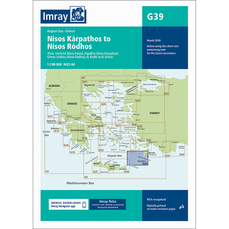 The Imray Chart G39, titled "Nísos Kárpathos to Nísos Ródhos," is a nautical chart cover for the Aegean Sea - Greece, crafted by Imray. Printed on durable Pretex water-resistant paper, it is ideal for cruising sailors. Released in March 2020, this chart includes digital download links and navigation notes.