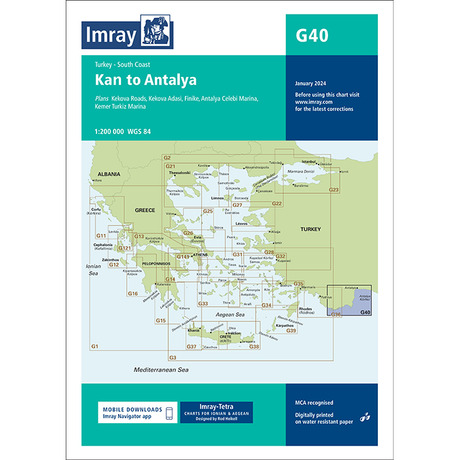 An Imray Chart G40 titled "Kas to Antalya," ideal for the cruising sailor. This nautical chart includes maps of Kalkan Roads, Kekova Adasi, Finike, Antalya Celebi Marina, and Kemer Turkiz Marina. It uses a scale of 1:200 000 WGS 84 and is printed on water-resistant paper. The chart is published by Imray and dated January 202X.