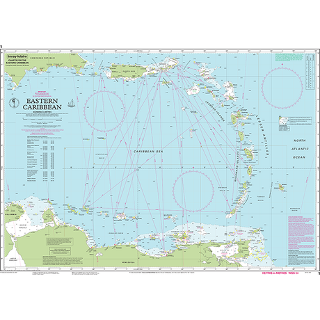 Imray Chart 1: Eastern Caribbean by Imray displays navigation routes, islands, borders, coastal features, and depths from Puerto Rico to Venezuela and the Lesser Antilles. Includes compass roses and is GPS compatible.