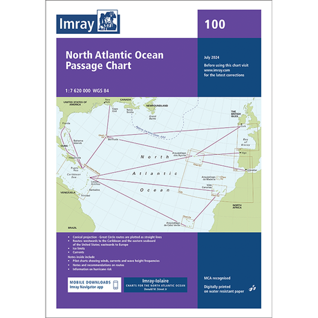 The Imray Chart 100 | North Atlantic Ocean Passage Chart by Imray, dated July 2024, is ideal for Atlantic yachtsmen. This nautical map displays oceanic routes and major landmasses, includes coordinates, a download option, and instructions for use. It features a purple and white border with the Imray logo.