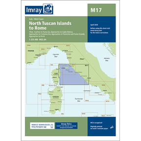 Imray Chart M17: North Tuscan Islands to Rome by Imray highlights key map areas and essential Mediterranean Sea details for cruising sailors, referencing Imray’s M Series charts.