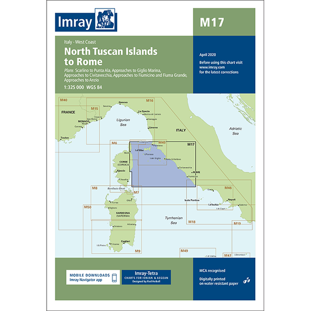 Imray Chart M17: North Tuscan Islands to Rome by Imray highlights key map areas and essential Mediterranean Sea details for cruising sailors, referencing Imray’s M Series charts.