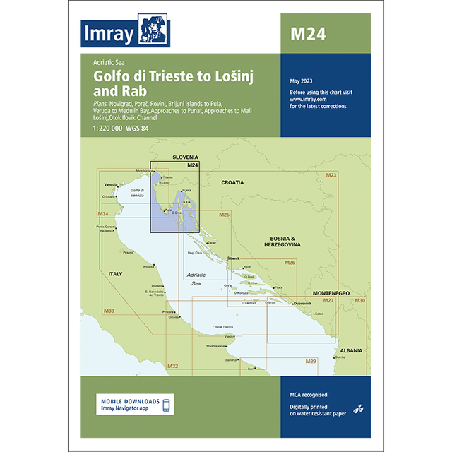 Imray Chart M24: Golfo di Trieste to Lošinj and Rab by Imray details Mediterranean navigation routes, harbors, and small craft charts along Italy, Slovenia, and Croatia for safe passage. Dated May 2023.