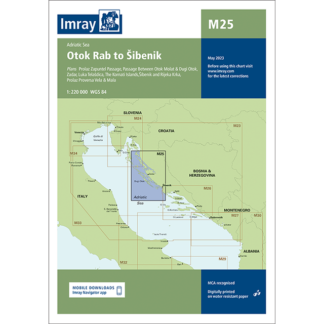 Imray Chart M25: Otok Rab to Sibenik by Imray features detailed navigation for cruising sailors along the Adriatic Sea and Croatian coastline; includes downloads info and publication date. Part of the Imray M Series Mediterranean nautical charts.