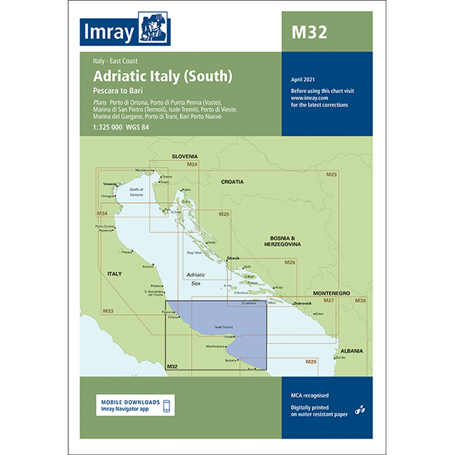 Imray Chart M32: Adriatic Italy (South) by Imray covers the eastern Italian coast from Pescara to Bari, featuring highlighted areas, map grid references, and neighboring countries for cruising sailors.