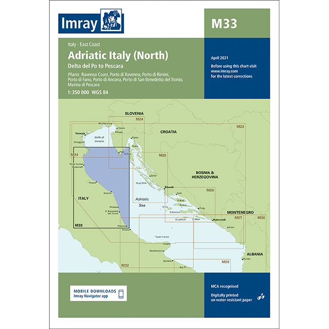 Imray Chart M33: Adriatic Italy (North) covers the Adriatic coast of northern Italy from Delta del Po to Pescara, including parts of neighboring countries. Features Mediterranean navigation details and Imray branding.