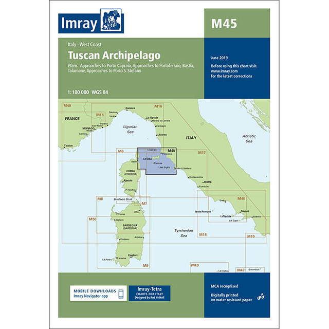 Imray Chart M45: Tuscan Archipelago by Imray covers Italy's west coast and nearby islands. Part of the Imray M Series, it offers essential details for cruising sailors and navigating the Mediterranean Sea.
