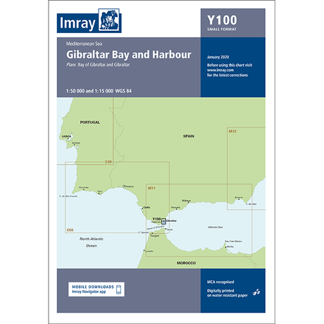 The Imray Chart Y100 | Gibraltar Bay and Harbour (Small Format) from Imray displays Gibraltar Bay and Harbour, including regions of Morocco, Spain, and Gibraltar. It features scales of 1:50,000 and 1:15,000. Additional coastal navigation information and a QR code are provided at the bottom.