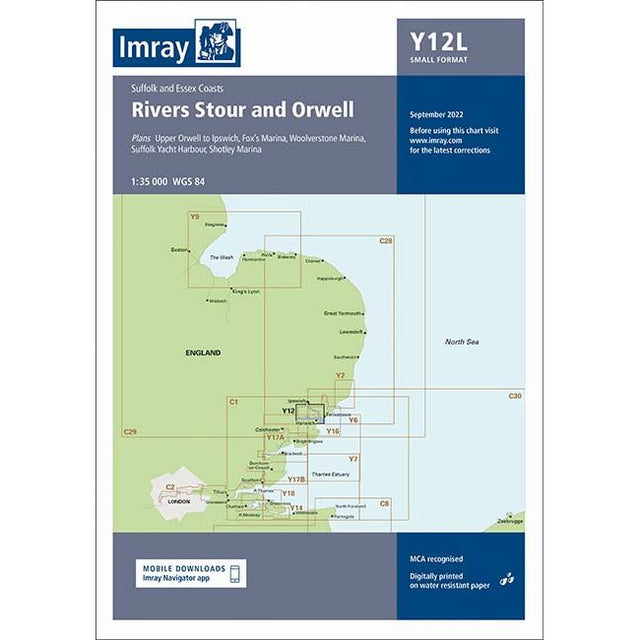 Imray Chart Y12L: Rivers Stour and Orwell (Laminated) by Imray features a detailed map of the Suffolk and Essex coast with labeled ports and marinas, plus publication details, all on durable laminated paper.