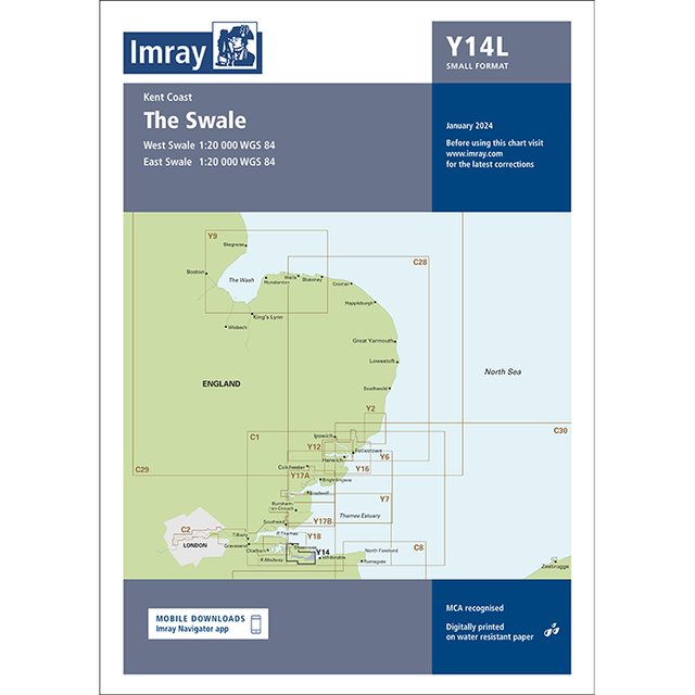 The item described is "Imray Chart Y14L | The Swale (Laminated)" by Imray. The image showcases a segment of the English Channel coastline in South East England, detailing various nautical chart areas and UK waterways. It also provides information on chart scales, the publication date, and the availability of a mobile navigation app.