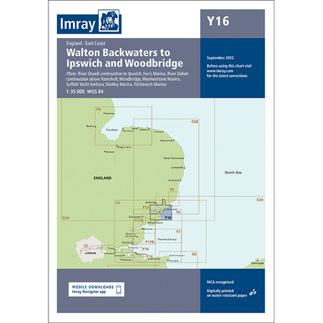 A comprehensive guide titled "Imray Chart Y16: Walton Backwaters to Ipswich and Woodbridge" from Imray, published in September 2022. This chart details the eastern coast of England, highlighting renowned locations such as Fox's Marina, Shotley Marina, and Tidemill Marina along UK waterways.