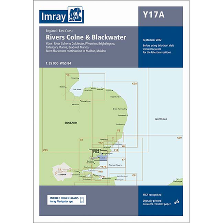 The Imray Chart Y17A, part of the Imray Y Series charts, features the Rivers Colne and Blackwater on England's East Coast. This 1:35,000 WGS 84 scale map provides a detailed guide to UK waterways and covers locations such as Colchester, Wivenhoe, Brightlingsea, and Maldon. Additionally, it offers information on mobile downloads.