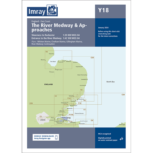 Imray Chart Y18 titled 'The River Medway and Approaches' by Imray, covering the area from Sheerness to Rochester with detailed plans of various marinas. Dated January 2024, it includes mobile download options and tide plans. Scale 1:20,000 and 1:42,500. Perfect for navigating UK waterways.