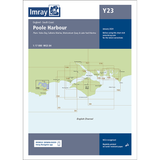 The Imray Chart Y23, titled "Poole Harbour," offers detailed navigational information for the south coast of England. It includes maps of Poole Harbour, Holes Bay, Salterns Marina, Moriconium Quay, and Lake Yard Marina. The chart is produced by Imray and features a scale of 1:17,000 using the WGS 84 datum.