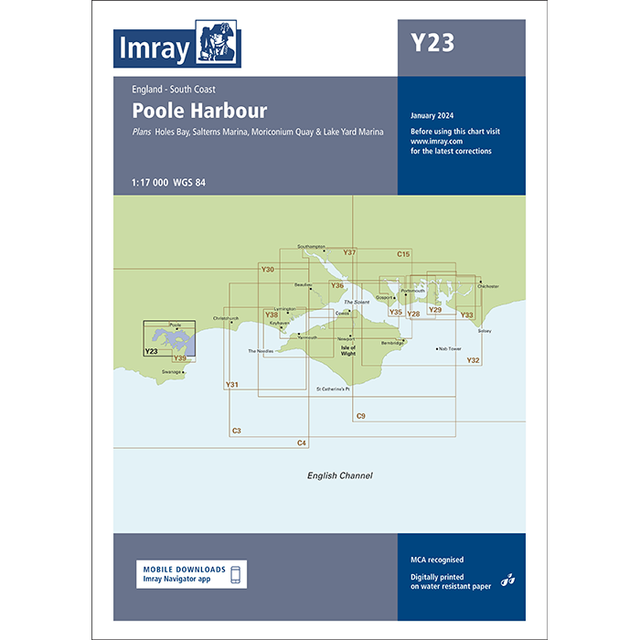 The Imray Chart Y23, titled "Poole Harbour," offers detailed navigational information for the south coast of England. It includes maps of Poole Harbour, Holes Bay, Salterns Marina, Moriconium Quay, and Lake Yard Marina. The chart is produced by Imray and features a scale of 1:17,000 using the WGS 84 datum.