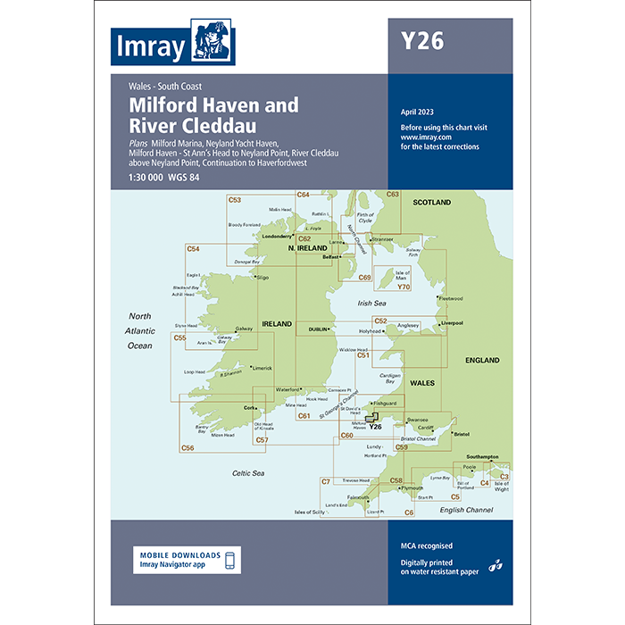 Imray Chart Y26: Milford Haven and River Cleddau covers Wales' south coast for small craft, highlighting ports and marinas. Part of Imray's Y Series, this nautical chart includes a mobile downloads icon.
