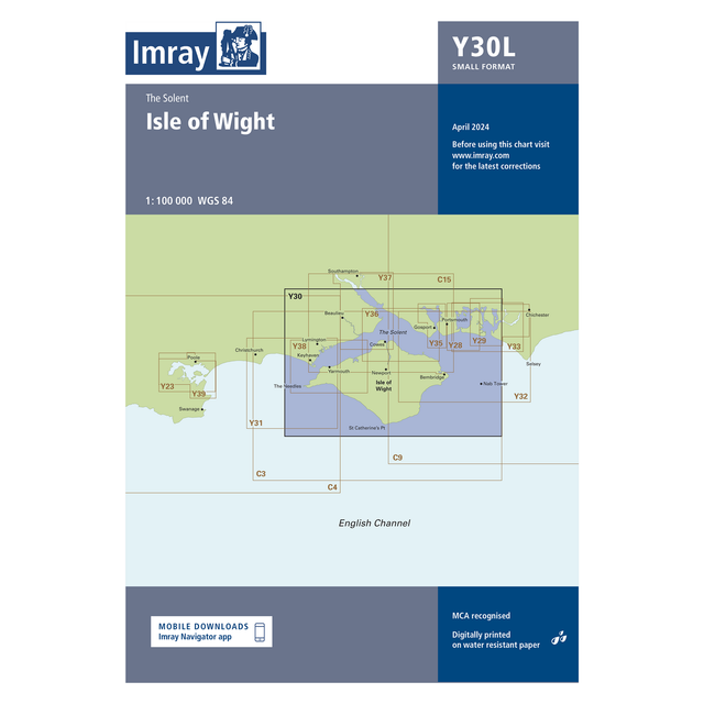 The Imray Chart Y30L | Isle of Wight (Laminated) by Imray, part of the Imray Y Series charts, showcases a detailed map of the Isle of Wight, its surrounding areas, and shipping zones. It includes navigation grids and coordinates and is updated as of April 2024. Additionally, it features information about mobile downloads at the bottom.