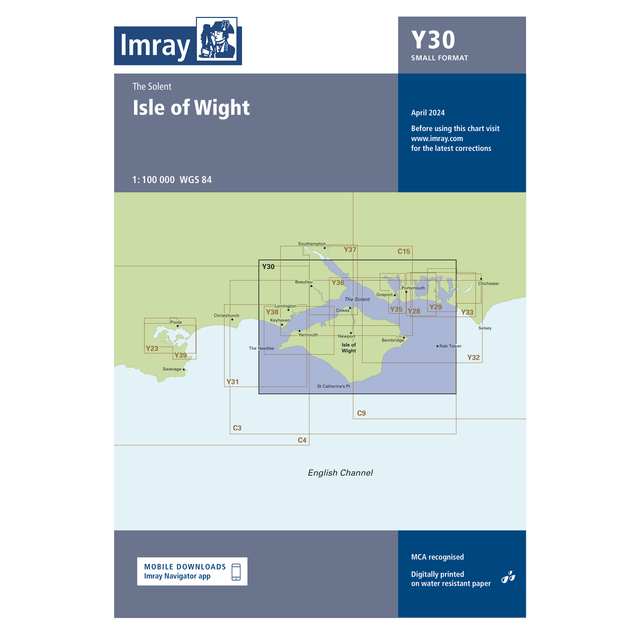 Imray Chart Y30: Isle of Wight by Imray features a detailed nautical chart of the Isle of Wight, Solent navigation, boundaries, and April 2024 updates; part of the Imray small format charts series.