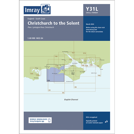 The Imray Chart Y31L | Christchurch to the Solent (Laminated) features plans for Lymington River and Christchurch. As part of the Imray Y Series charts, it includes navigational details, map grids, a scale of 1:60,000 WGS 84, and has a publication date of March 2024. The chart also provides information on mobile downloads and updates for UK waterways.