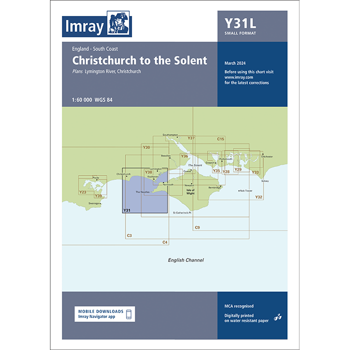 Imray Chart Y31L: Christchurch to the Solent (Laminated) details sections and chart numbers for England’s south coast, covering the Western Approaches to the Solent. Published by Imray, it is dated March 2024 with full publication info.