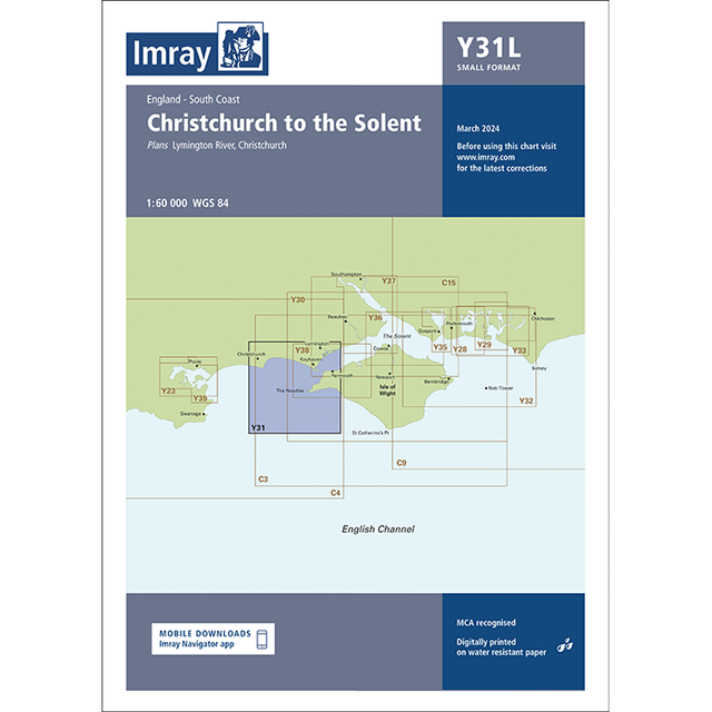 Imray Chart Y31L: Christchurch to the Solent (Laminated) details sections and chart numbers for England’s south coast, covering the Western Approaches to the Solent. Published by Imray, it is dated March 2024 with full publication info.