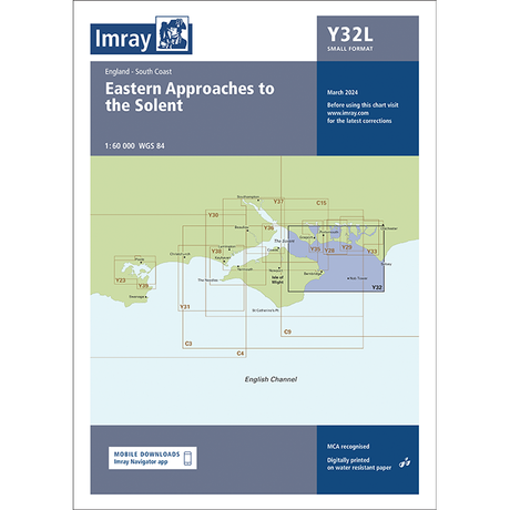 A nautical chart titled "Imray Chart Y32L | Eastern Approaches to the Solent (Laminated)," detailing the coastal area of England's South Coast, is part of the Imray Y Series charts. This laminated chart features various navigational information, soundings, and includes a note for updates as of March 2024. Perfect for navigating UK waterways.