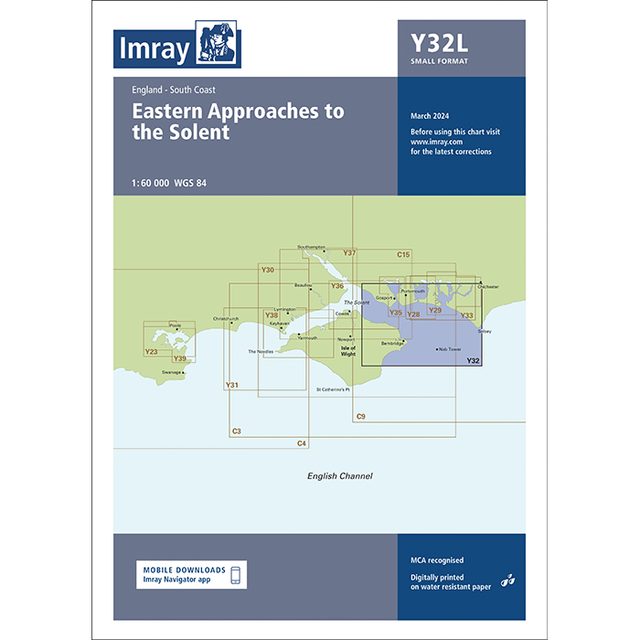 Imray Chart Y32L: Eastern Approaches to the Solent (Laminated) is a detailed nautical chart of England’s south coast with sea areas and chart codes, published by Imray in March 2024.