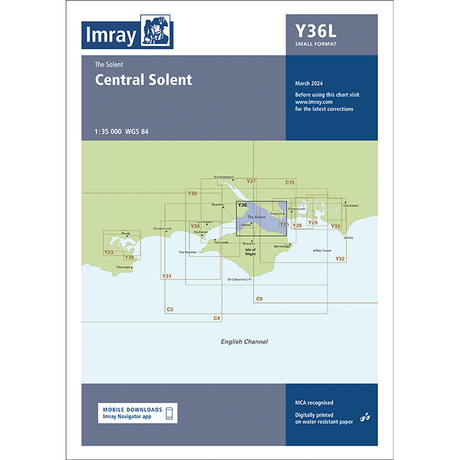 The Imray Chart Y36L | Central Solent (Laminated) from the Imray Y Series is a small format nautical chart that covers the UK waterways of the Solent area at a 1:35,000 scale WGS 84. Updated for March 2024, it includes an inset map and is designed to emphasize mobile downloads and digitally printed on durable paper.