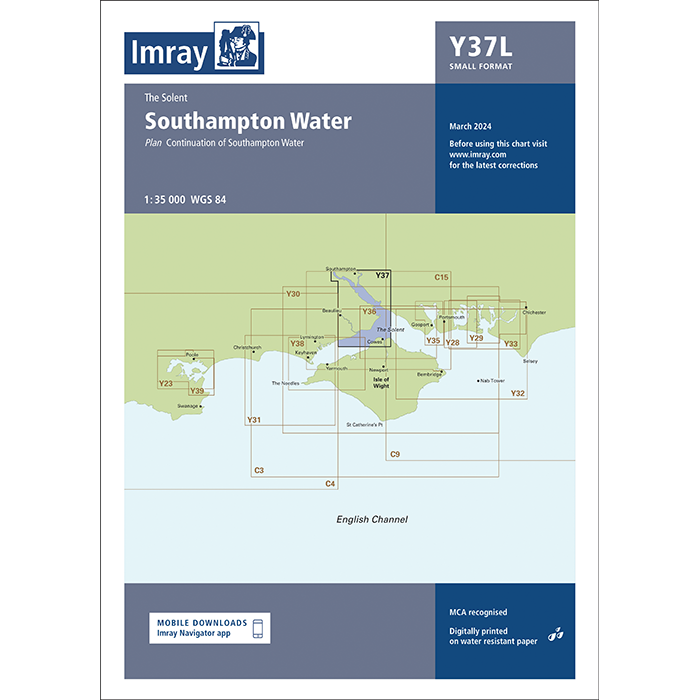 Imray Chart Y37L: Southampton Water (Laminated) by Imray features a blue and white cover map of the Solent area, with chart numbers and publication details, from the Imray Y Series.