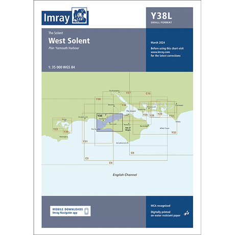 The laminated nautical chart titled "West Solent" (Y38L) by Imray offers a detailed guide for navigating Yarmouth Harbour in the Solent, featuring a scale of 1:35,000 WGS 84. Updated as of March 2024, users are advised to visit Imray's website for the latest corrections on UK waterways.