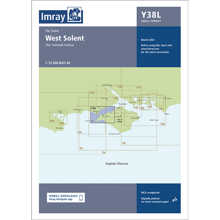 Imray Chart Y38L: West Solent (Laminated) cover features a map of the English Channel and Solent, inset charts, navigation info, blue-grey/white headings, Imray branding, and download details.