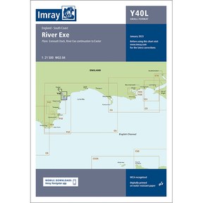 Imray Chart Y40L: River Exe (Laminated) by Imray features coastal outlines, chart codes, and highlights towns like Exmouth and Exeter along the River Exe, England—South Coast.