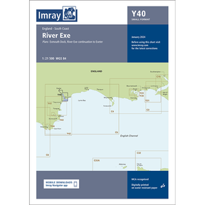 The Imray Chart Y40: River Exe cover by Imray features a map of Exmouth Dock and Exeter, includes chart codes and January 2024 details, and is part of the 2300.10 series—ideal for small craft navigation on England’s south coast.