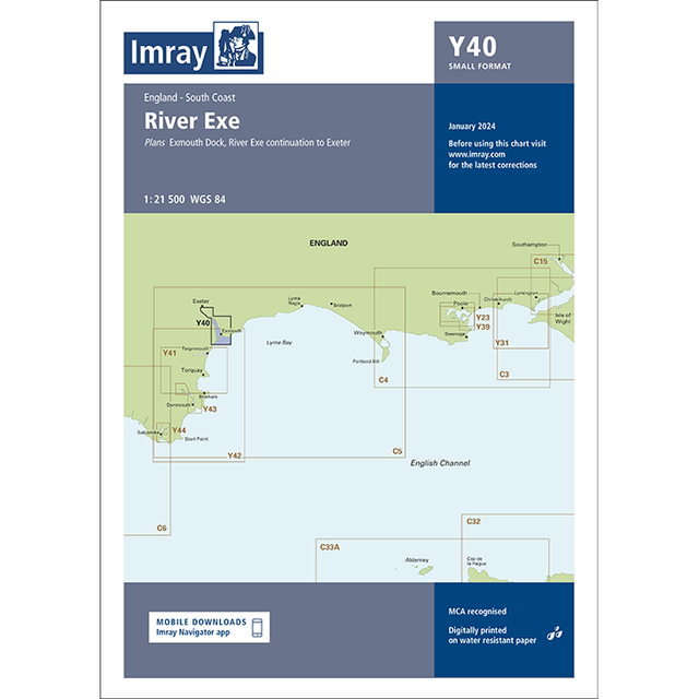 The Imray Chart Y40: River Exe cover by Imray features a map of Exmouth Dock and Exeter, includes chart codes and January 2024 details, and is part of the 2300.10 series—ideal for small craft navigation on England’s south coast.